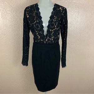 LuLu’s Black Lace Deep V Long Sleeve Dress